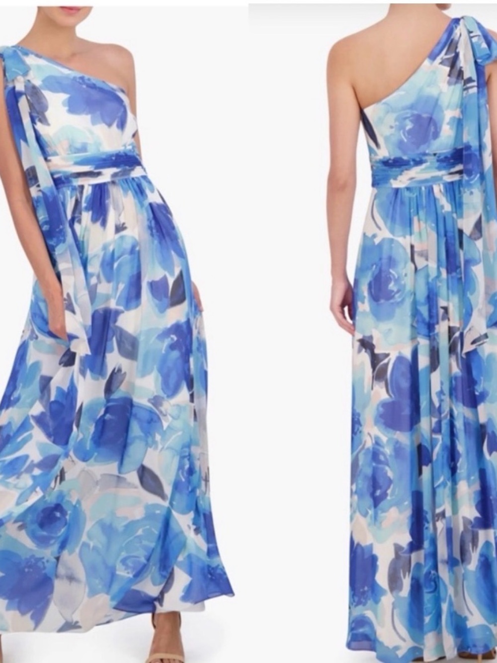 Eliza J Blue Floral One Shoulder Chiffon Gown | 8